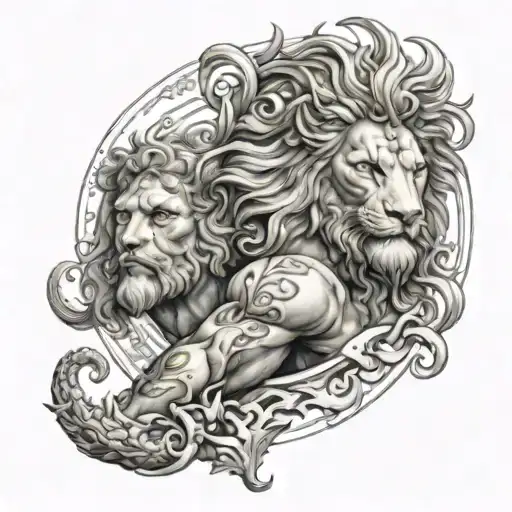 Full arm tattoo with: the Greek god Neptune, rounded Corinth's elements on the top, and a lion in the bottom only in bw tattoo design idea