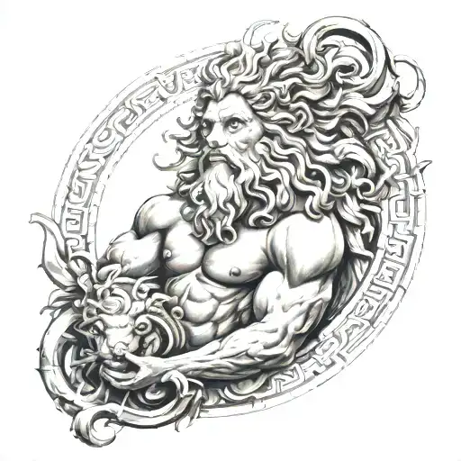 Full arm tattoo with: the Greek god Neptune, rounded Corinth's elements on the top, and a lion in the bottom only in bw tattoo design idea