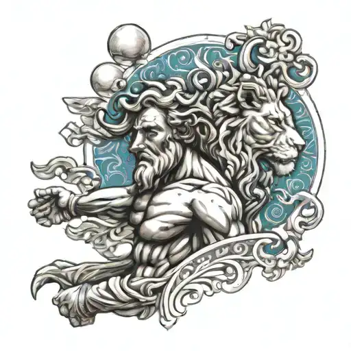Full arm tattoo with: the Greek god Neptune, rounded Corinth's elements on the top, and a lion in the bottom only in bw tattoo design idea