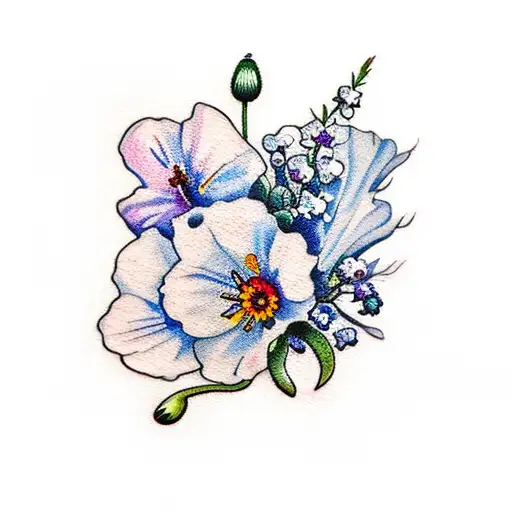 watercolor tattoo with bouquet of carnation, Lilly of the valley, poppy, aster, honeysuckle and forget me nots.  tattoo design idea