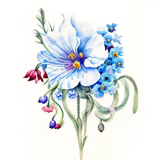 watercolor tattoo with bouquet of carnation, Lilly of the valley, poppy, aster, honeysuckle and forget me nots.  tattoo design idea
