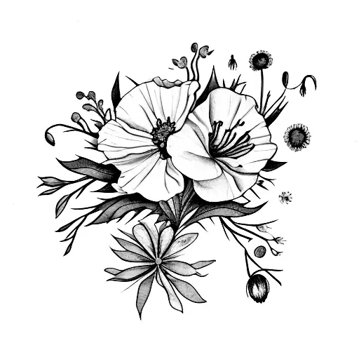 watercolor tattoo with bouquet of carnation, Lilly of the valley, poppy, aster, honeysuckle and forget me nots.  tattoo design idea