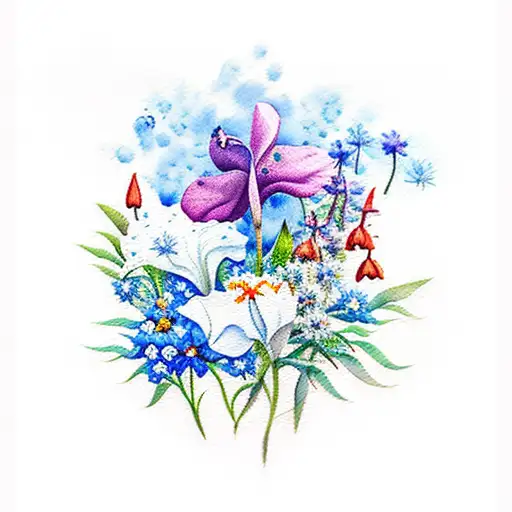 watercolor tattoo with carnation, Lilly of the valley, poppy, aster, honeysuckle and forget me nots.  tattoo design idea