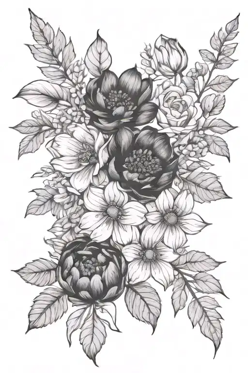 may, June, July, September, October, December birth flowers tattoo design idea