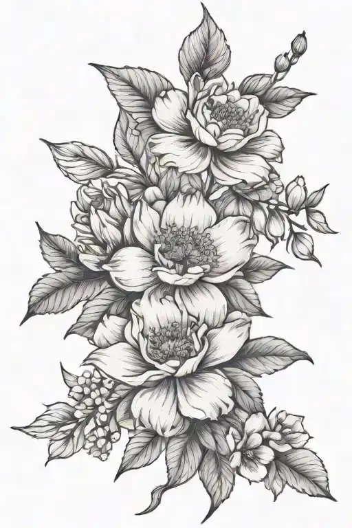 may,June, July, September, October, December birth flowers tattoo design idea