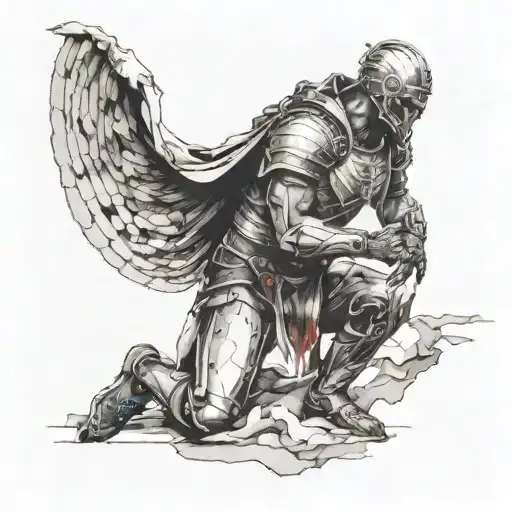 Kneeling man being protected by Armor of God surrounded by dark ominous clouds  tattoo design idea