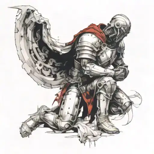 Kneeling man with Armor of God surrounded by dark ominous clouds  tattoo design idea
