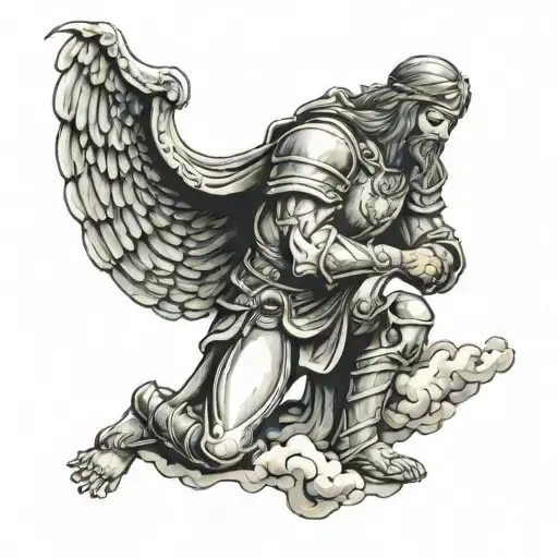 Kneeling man with Armor of God surrounded by dark ominous clouds  tattoo design idea