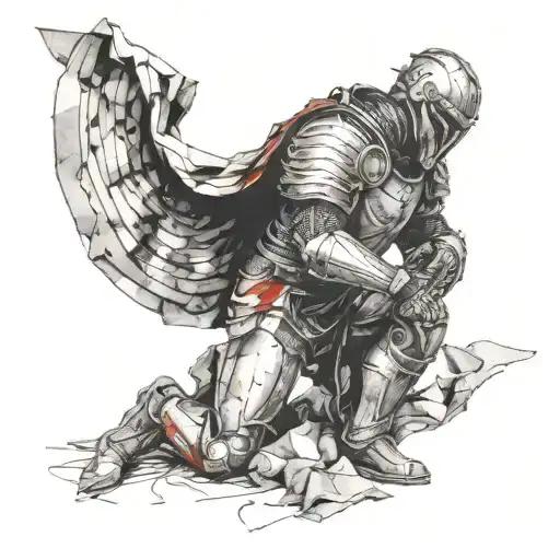 Kneeling man in Armor blocking dark ominous clouds surrounding him  tattoo design idea