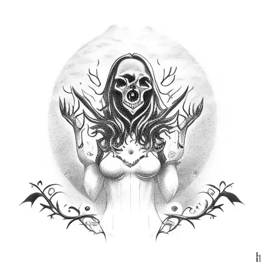 darkness black forest demon female, hand, skull consumed by evil , plague mask tattoo design idea