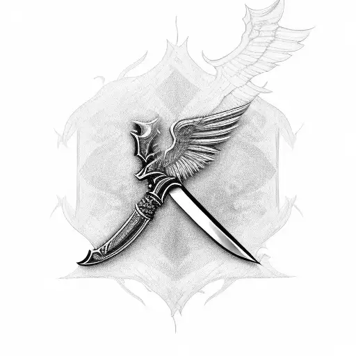 winged sword with scroll tattoo design idea