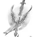 winged sword with scroll tattoo design idea
