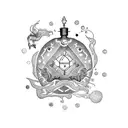 A dotwork tattoo of a potion bottle with Pisces and Cancer constellations inside tattoo design idea