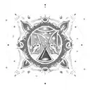 A dotwork tattoo of a potion bottle with Pisces and Cancer constellations inside tattoo design idea