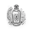 A dotwork tattoo of a potion bottle with Pisces and Cancer constellations inside tattoo design idea