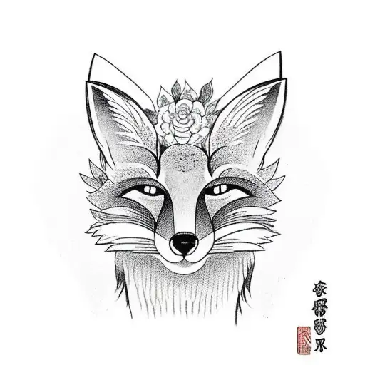 fox sitting infront of a torii gate with a forest in the background tattoo design idea
