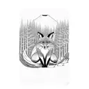 fox sitting infront of a torii gate with a forest in the background tattoo design idea