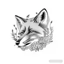 fox sitting infront of a torii gate with a forest in the background tattoo design idea