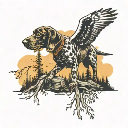 German Shorthaired Pointer hunting a Bald Eagle in a forest fire tattoo design idea