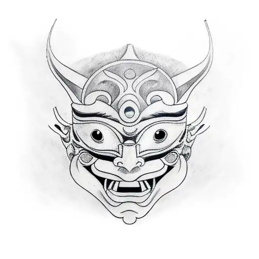 Japanese mask thats splitting into two with a budah face behind it with filler around it to use as a chest piece tattoo design idea