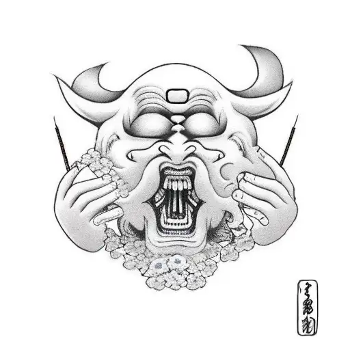 Japanese mask thats splitting into two with a budah face behind it with filler around it to use as a chest piece tattoo design idea