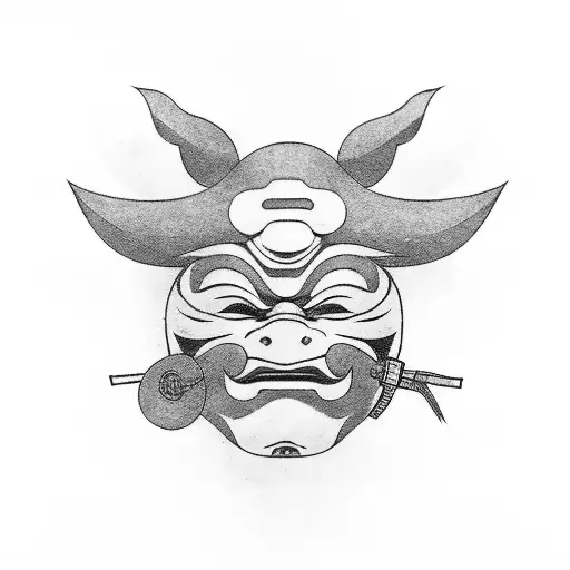 Japanese mask thats splitting into two with a budah face behind it with filler around it to use as a chest piece tattoo design idea