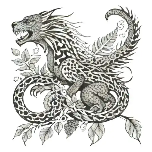 dragon and jaguar with ferns and birds tattoo design idea