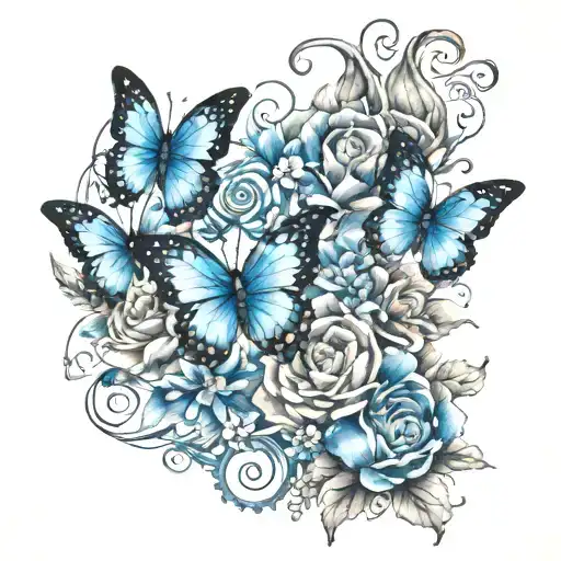 Create an arm sleeve tattoo with blue Butterflies, 000 angel numbers,  Blue lotus, dragon  tattoo design idea