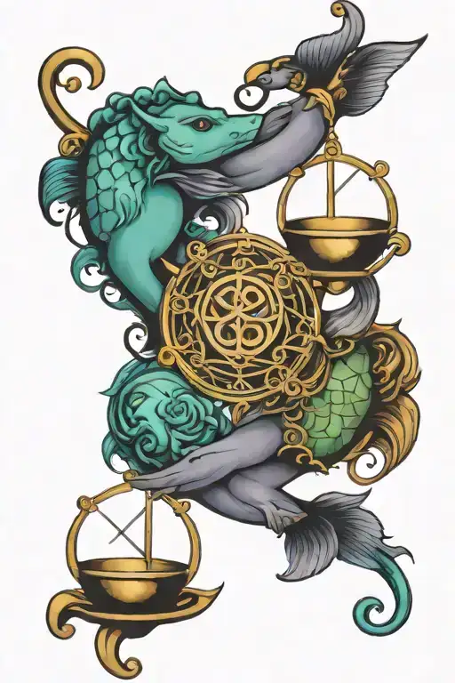 libra and pisces zodiac signs intertwined representing love tattoo design idea