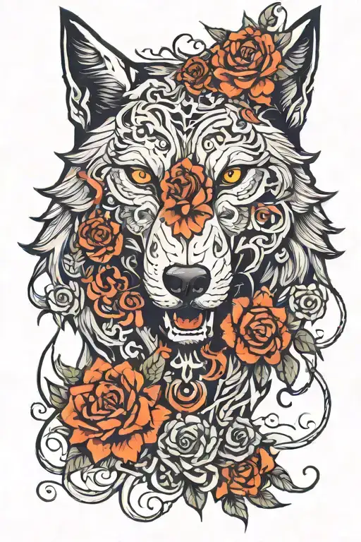 wolf, flowers and demon dark neon eye mouth tattoo design idea