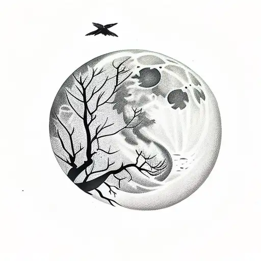 forearm forest half sleeve with moon and birds  tattoo design idea