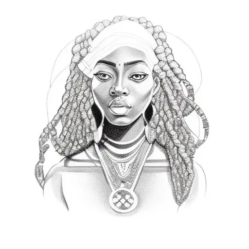 A serene portrait of a black woman with flowing locs, surrounded by abstract African American art patterns and symbols, capturing the essence of beauty and culture tattoo design idea
