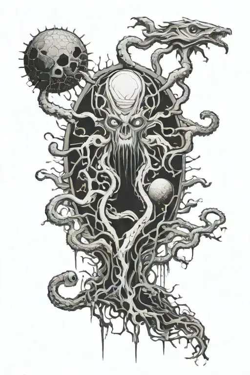 Lovecraftian Cosmic horror style, Azathoth awakening and destruction of worlds. legs piece. tattoo design idea