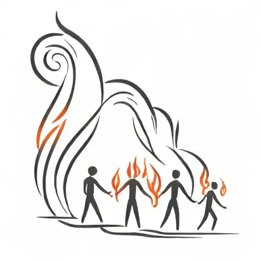 4 stick figures side by side, three black and one red inside of a fire flam tattoo design idea