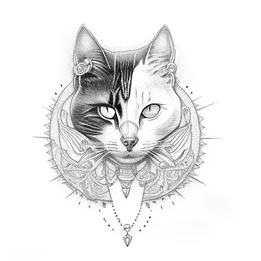 girl, solid black, red eyes, 2 cats tattoo design idea