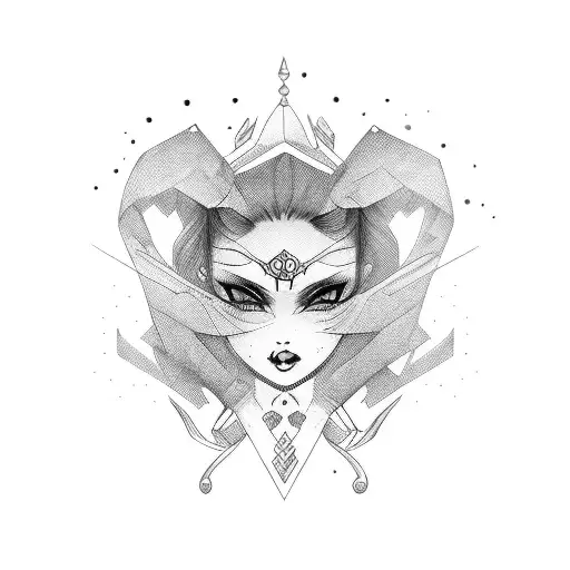 girl, solid black, red eyes, tattoo design idea