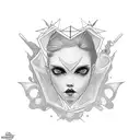 girl, solid black, red eyes, tattoo design idea