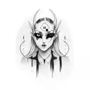 girl, solid black, red eyes, tattoo design idea