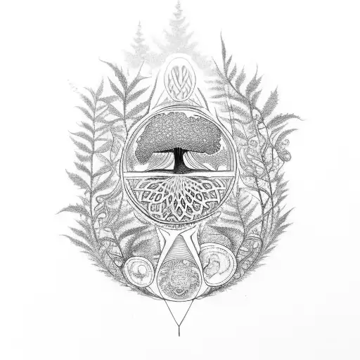 forest with ferns, mushrooms, and a subtle filler background of "flower of life", elongated oval shaped tattoo design idea