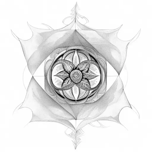 fine line style with ferns, amanita muscaria, and a subtle filler background of "flower of life" sacred geometry, oval  tattoo design idea