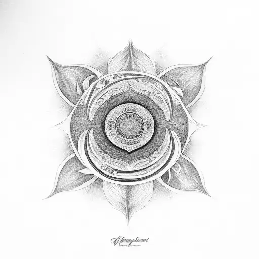 fine line style with ferns, amanita muscaria, and a subtle filler background of "flower of life", elongated oval shaped tattoo design idea