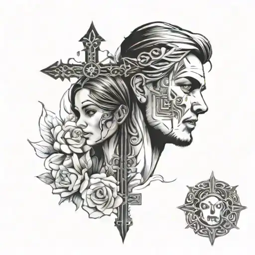 leon and Jesús cross shoulder tattoo with Chloe and Haylee name  tattoo design idea