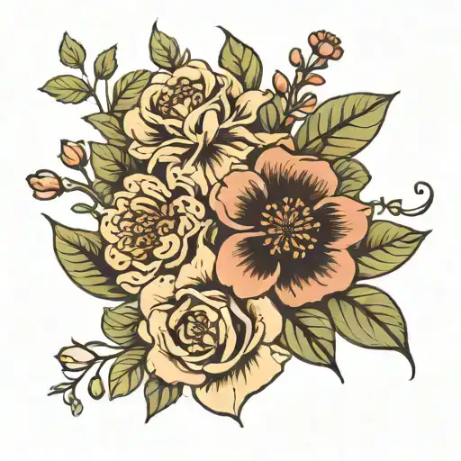 march april and july birth flower bouquet tattoo design idea