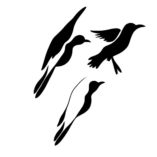 flock of black birds flying in the same direction with one larger bird in the middle tattoo design idea
