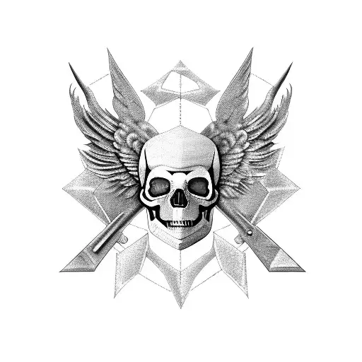 Collage of different carpentry tools forming the shape of a skull, with real silver accents and teal blue epoxy wings tattoo design idea