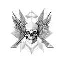 Collage of different carpentry tools forming the shape of a skull, with real silver accents and teal blue epoxy wings tattoo design idea