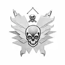 Collage of different carpentry tools forming the shape of a skull, with real silver accents and teal blue epoxy wings tattoo design idea