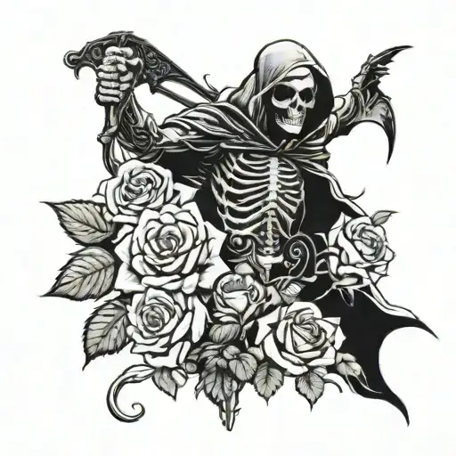 roses and grim  reaper standing tall tattoo design idea
