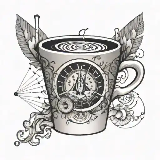 A coffee cup with a unique design incorporating elements of trading charts and graphs tattoo design idea