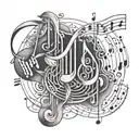 A detailed stock market graph intertwined with musical notes representing the ups and downs of life tattoo design idea